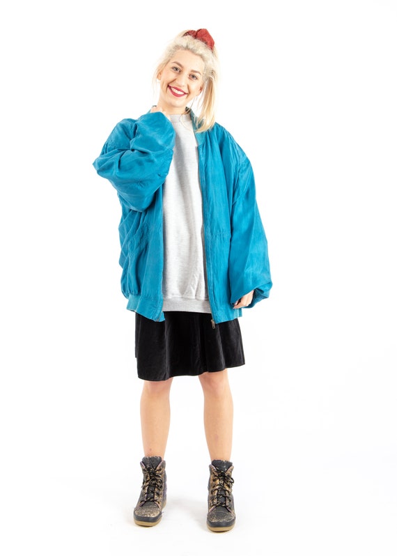 90s Vintage Retro Shiny Blue Bomber Jacket / Silk