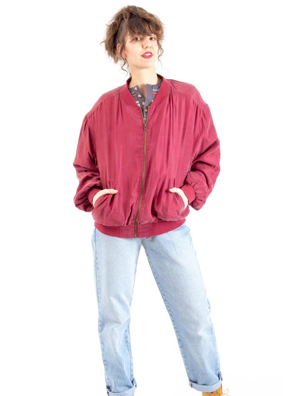 70s Vintage Retro Red Bomber Jacket / Silk Bomber