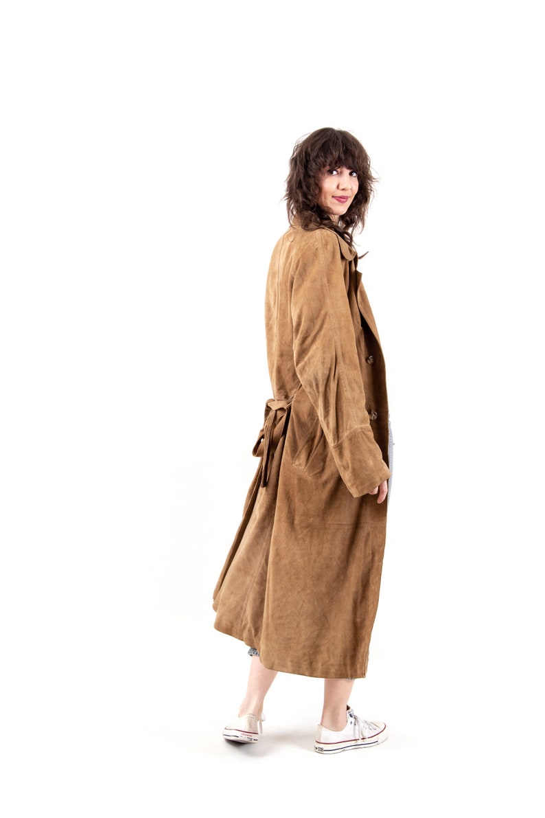 80s Vintage Minimalistic Brown Velour Leather Trench Coat Long Parka Long Coat Casual Unisex Sustainable Second Hand Fashion