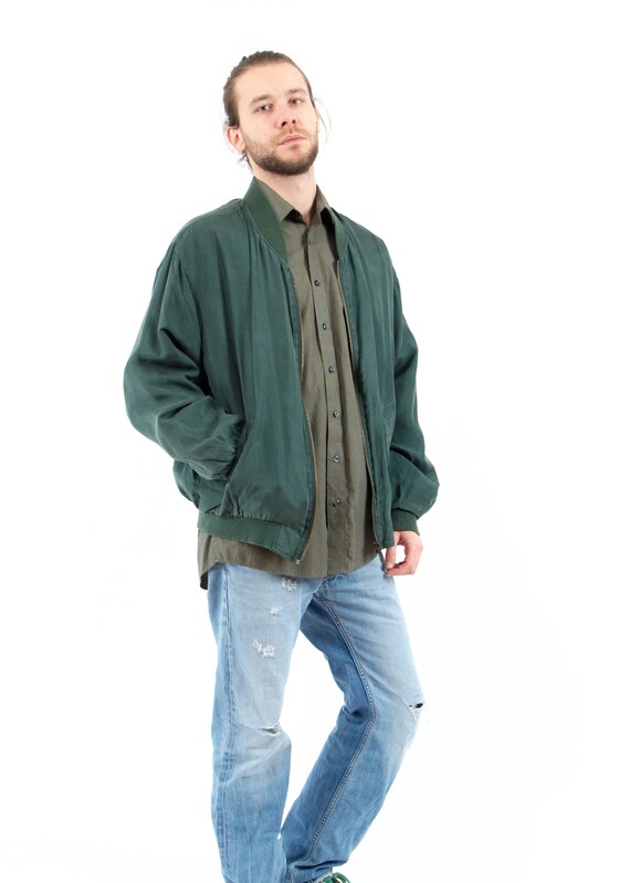 70s Vintage Retro Green Bomber Jacket / Silk Bombe
