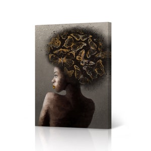 Gold and Orange Butterfly Afro African Woman Back Canvas Art Print Wall Art Decor Traditional African Girl Black Art Living Room Bedroom