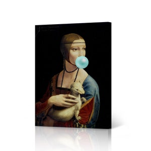 Leonardo Da Vinci Lady with an Ermine Teal Blue Bubble Gum Masterpiece Canvas Print Wall Art Painting Classic Art Living Room Home Decor