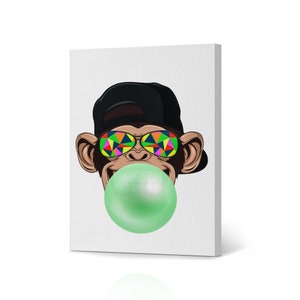 May include: A cartoon monkey wearing a black baseball cap and colorful sunglasses is blowing a large green bubble. The monkey has a happy expression on its face.