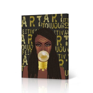 Braided Hair African American Woman with Gold Bubble Gum Pop Art Canvas Art Print Wall Art Decor Girl Black African Art Living Room Bedroom