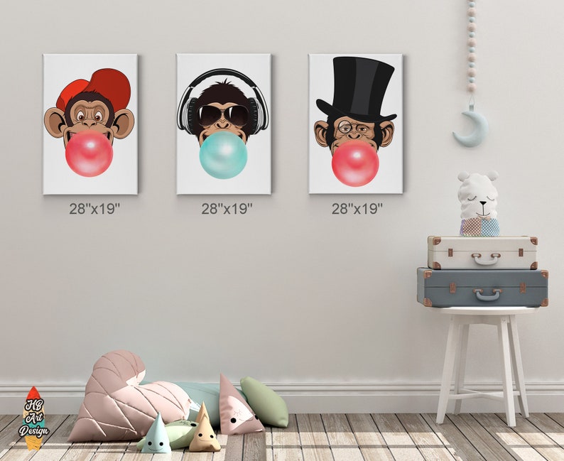 Three Funny Monkeys Chewing Red and Teal Blue Bubble Gum Etsy