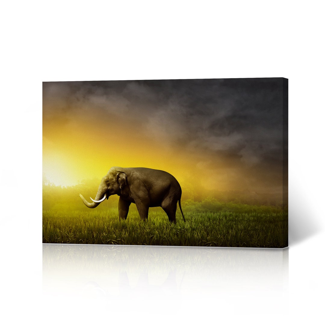 Elephant Sunset Landscape African Safari Animal Canvas Wall Art Print ...