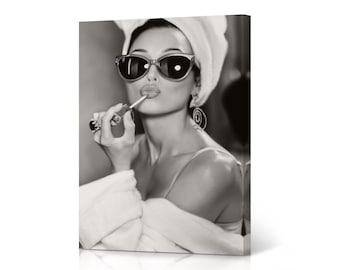 Audrey Hepburn Style Wall Art Canvas Print Lipstick Makeup Iconic Pop Art Glam Fashion Black and White Bedroom Vanity Decoration Vintage