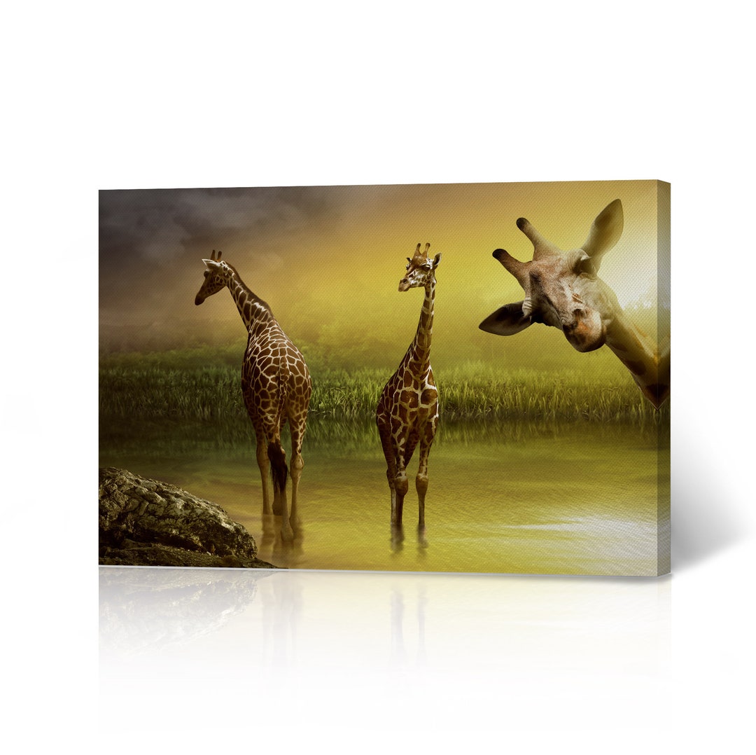 Cute Giraffe Sunset Landscape African Safari Animal Canvas Wall Art ...