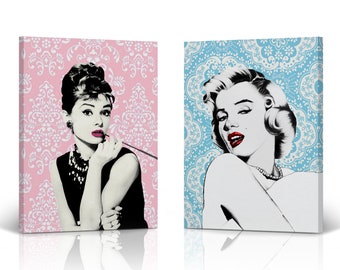 Audrey Hepburn Marilyn Monroe Pink Blue Lace Background Iconic Pop Art 2 Piece Canvas Wall Art Print Set Living Room Bedroom Decor