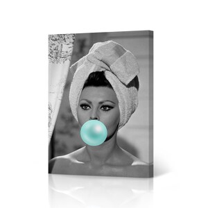 Sophia Loren Teal Blue Bubble Gum Chewing Gum Black and White Portrait Icon Pop Art Canvas Wall Art Print Office Living Room Dorm Bedroom