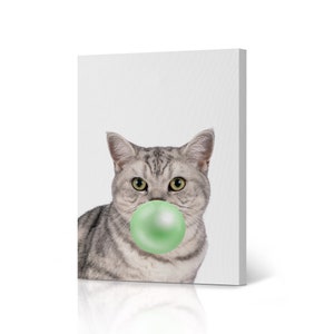 Brazilian Shorthair Cat Blowing Green Bubble Gum Pop Art Animal Canvas Wall Art Print Pet Cat Woodland Gift Kids Baby Room Nursery Decor
