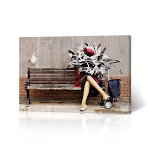 Seagulls Attack Woman on Bench Street Art Banksy Canvas Wall Art Print Living Room Bedroom Kitchen Bathroom Office Dorm Room Modern Decor
