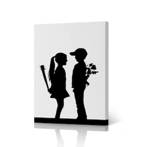 Black and White Girl Meets Boy Street Art Painting Mural Graffiti Banksy Canvas Wall Art Print Living Room Bathroom Office Modern Decor