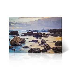 Cloudy Sky and Ocean with Rocks and Waves Long Exposure Shot Landscape Canvas Print Nautical Wall Decor Coastal Wall Art Living Room Decor