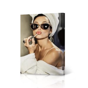 Audrey Hepburn Style Wall Art Canvas Print Lipstick Makeup Colored Iconic Pop Art Glam Fashion Wall Art Bathroom Bedroom Vanity Decoration