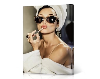 Audrey Hepburn Style Wall Art Canvas Print Lipstick Makeup Colored Iconic Pop Art Glam Fashion Wall Art Bathroom Bedroom Vanity Decoration