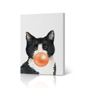 Cat Blowing Orange Bubble Gum Portrait Pop Art Animal Canvas Wall Art Print Pet Cat Lover Gift Kids Bedroom Baby Nursery Room Decor