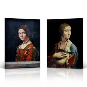 Lady with an Ermine & La Belle Ferronniere by Leonardo Da Vinci 2 Piece Set Canvas Wall Art Print Famous Painting Masterpiece Home Decor