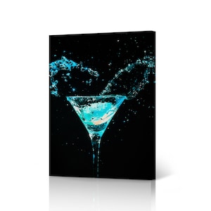 Blue Cocktail Splashing from Martini Glass Kitchen Wall Decor Canvas Print Restaurant Pub Cafe Bar Dining Room Man Cave Modern Wall Art
