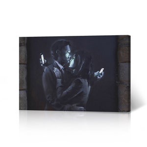 Black and White Mobile Lovers Street Art Painting Mural Graffiti Banksy Canvas Wall Art Print Living Room Bathroom Office Modern Decor