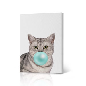 Brazilian Shorthair Cat Blowing Teal Blue Bubble Gum Pop Art Animal Canvas Wall Art Print Pet Cat Woodland Gift Kids Baby Room Nursery Decor