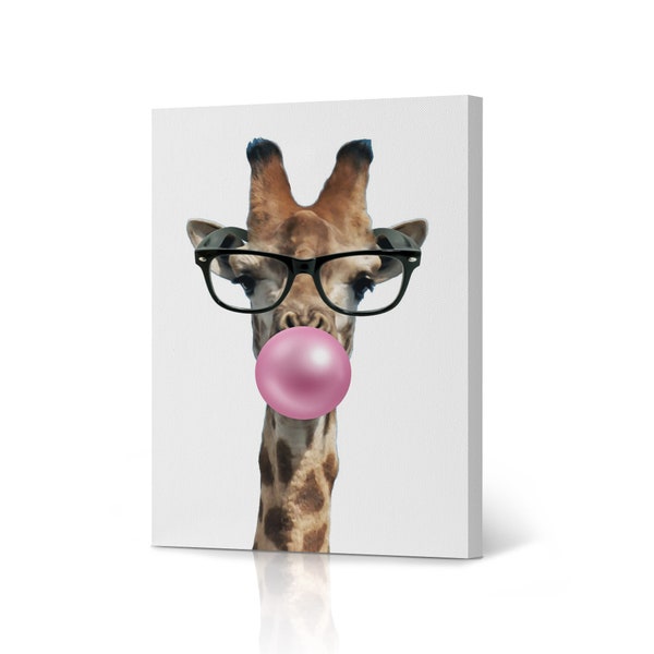 Cute Giraffe with Glasses Blowing Pink Bubble Gum Colorful Portrait Pop Art Animal Canvas Wall Art Print Kids Room Baby Room Nursery Decor