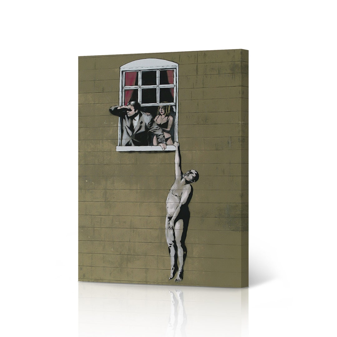 Banksy Wall Art Canvas Print Man Hanging From Window From Bristol