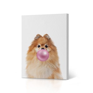 Pomeranian Dog Blowing Pink Bubble Gum Portrait Pop Art Animal Canvas Wall Art Print Pet Dog Lover Gift Kids Baby Nursery Room Decor