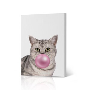 Brazilian Shorthair Cat Blowing Pink Bubble Gum Pop Art Animal Canvas Wall Art Print Pet Cat Woodland Gift Kids Baby Room Nursery Decor