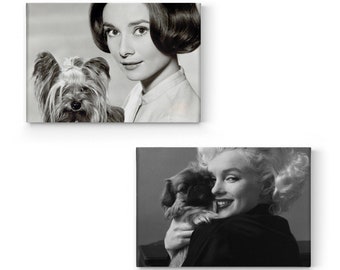 Audrey Hepburn Marilyn Monroe with Cute Dog Black and White Portrait Iconic Vintage 2 Piece Canvas Wall Art Print Set Living Room Decor