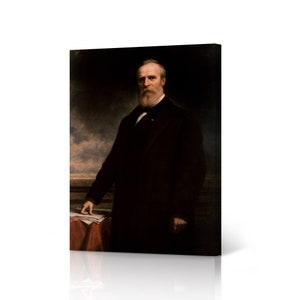 May include: A painting of a man in a dark suit with a white shirt and a dark tie. He has a long white beard and is looking directly at the viewer. The background is a dark cloudy sky.