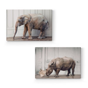 Elephant and Rhinoceros at Home Funny African Safari Animal 2 Piece Canvas Wall Art Print Set Wildlife Living Room Bedroom Kids Home Decor
