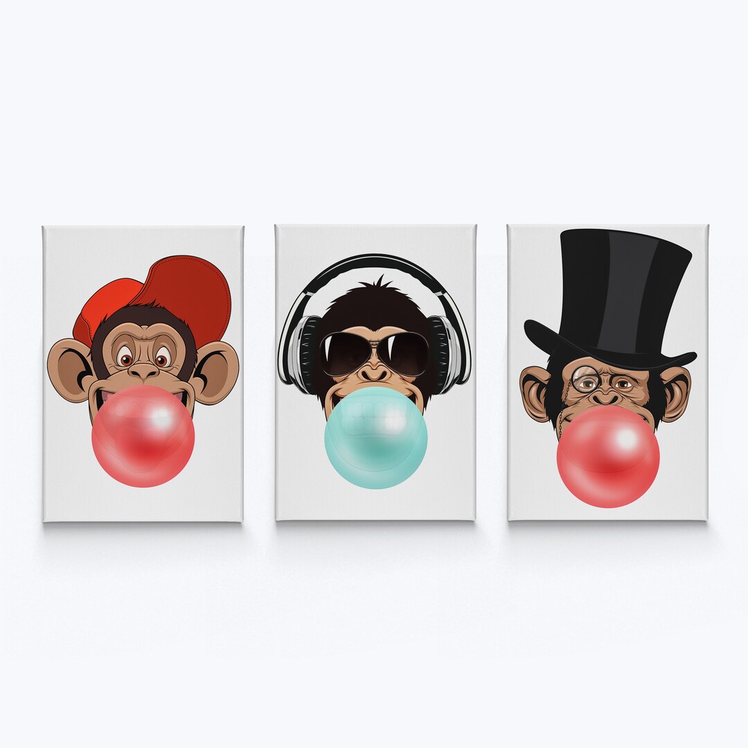 Three Funny Monkeys Chewing Red and Teal Blue Bubble Gum Etsy