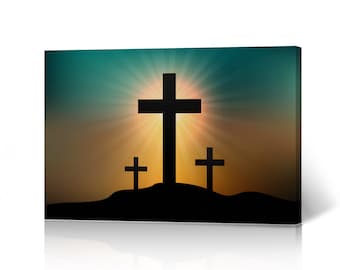 Three Crosses with Sunset Christianity Canvas Wall Art Print Living Room Bedroom Office Christian Gift