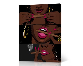 Sexy African American Woman Rolling Marijuana Joint Cigar Smoke Weed Canvas Wall Art Print Living Room Bedroom Man Cave Cannabis Hemp Hippie