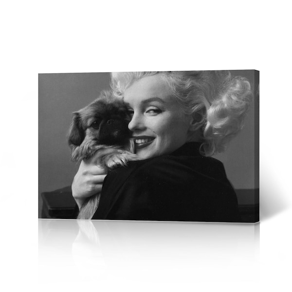 Beautiful Marilyn Monroe with her Cute Dog Black and White Portrait Iconic Vintage Canvas Wall Art Print Living Room Bedroom Decor