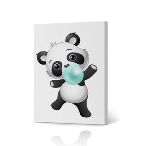Cute Panda Bubble Gum Art Teal Blue Canvas Print Animal Print Black and White Wall Art Home Decor Nursery Room Kids Room Decor Ready to Hang