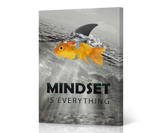 Mindset Canvas Print Inspiartional Motivational Wall Art Black White Fish Big Shark Design Entrepreneur Quote Living Room Office Decor