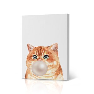 Green Eyed Cat Blowing White Bubble Gum Portrait Pop Art Animal Canvas Wall Art Print Pet Cat Lover Gift Kids Baby Nursery Room Decor