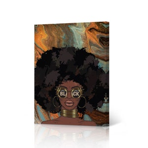 Afro Woman African American Woman Gold Necklaces Canvas Art Print Wall Art Decor Orange Teal Blue Black Girl African Art Living Room Bedroom