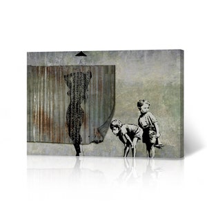 Shower Street Art Painting Kids Peeking Mural Graffiti Banksy Canvas Wall Art Print Living Room Bathroom Office Modern Decor