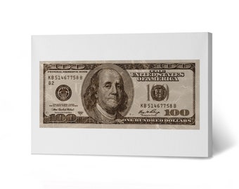 May include: A vintage-style illustration of a $100 US bill featuring Benjamin Franklin. The bill has a faded, worn look and the text "FEDERAL RESERVE NOTE" and "THE UNITED STATES OF AMERICA" is visible.