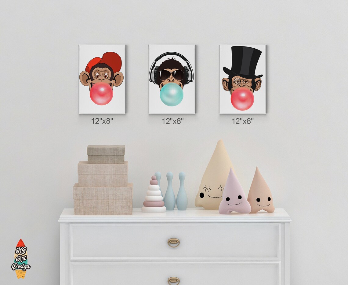 Three Funny Monkeys Chewing Red and Teal Blue Bubble Gum Etsy