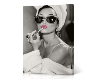 Audrey Hepburn Style Wall Art Pink Lips Canvas Print Lipstick Makeup Iconic Pop Art Glam Fashion Black and White Bedroom Vanity Decoration