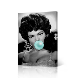 Eartha Kitt Teal Blue Bubble Gum Black and White Portrait African American Icon Pop Art Canvas Wall Art Print Living Room Bedroom