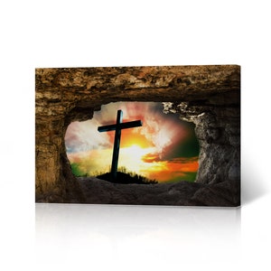 Jesus Christ Beyond The Tomb Crucifixion At Sunrise Cave Christianity Canvas Wall Art Print Living Room Bedroom Office Christian Gift