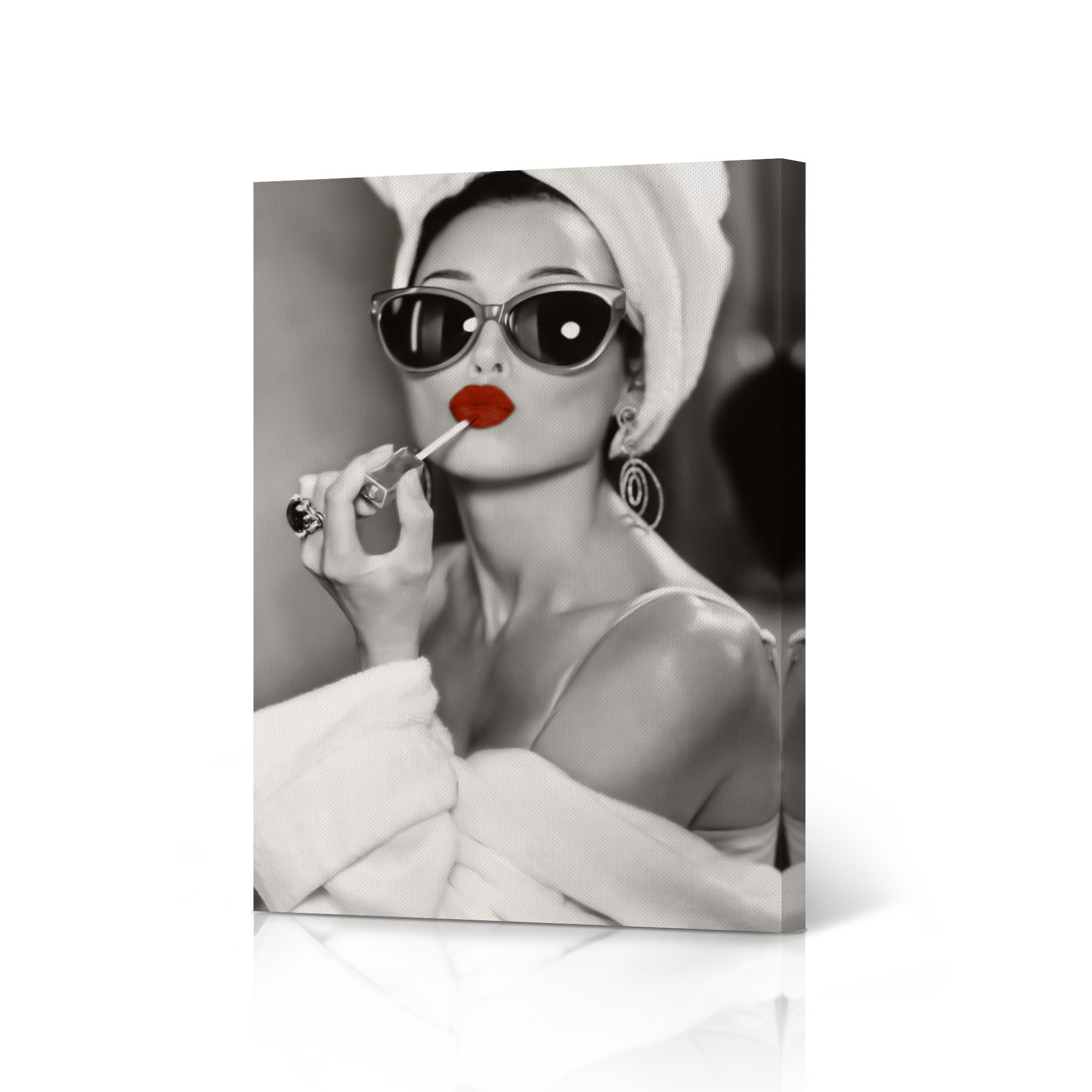 Audrey Hepburn Style Wall Art Red Velvet Lips Canvas Print Lipstick Makeup Iconic Pop Art Glam Fashion Black and White Bedroom Vanity Decor
