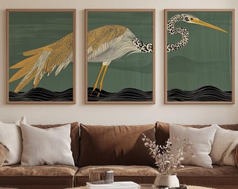 Retro Vintage Heron on Green, Three Piece Set of Wall Art, Art Deco 3 Piece Set, Mid Modern House Decor, Bird Lover Art, Digital Download