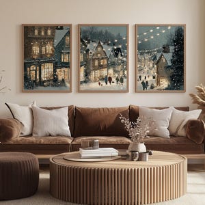 Bright Small Town Christmas Print, Fireplace Xmas Wall Art, X-mas Digital Download