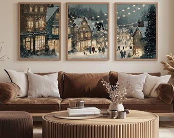Stampa natalizia luminosa di una piccola città, decorazione murale natalizia con camino, download digitale di Natale